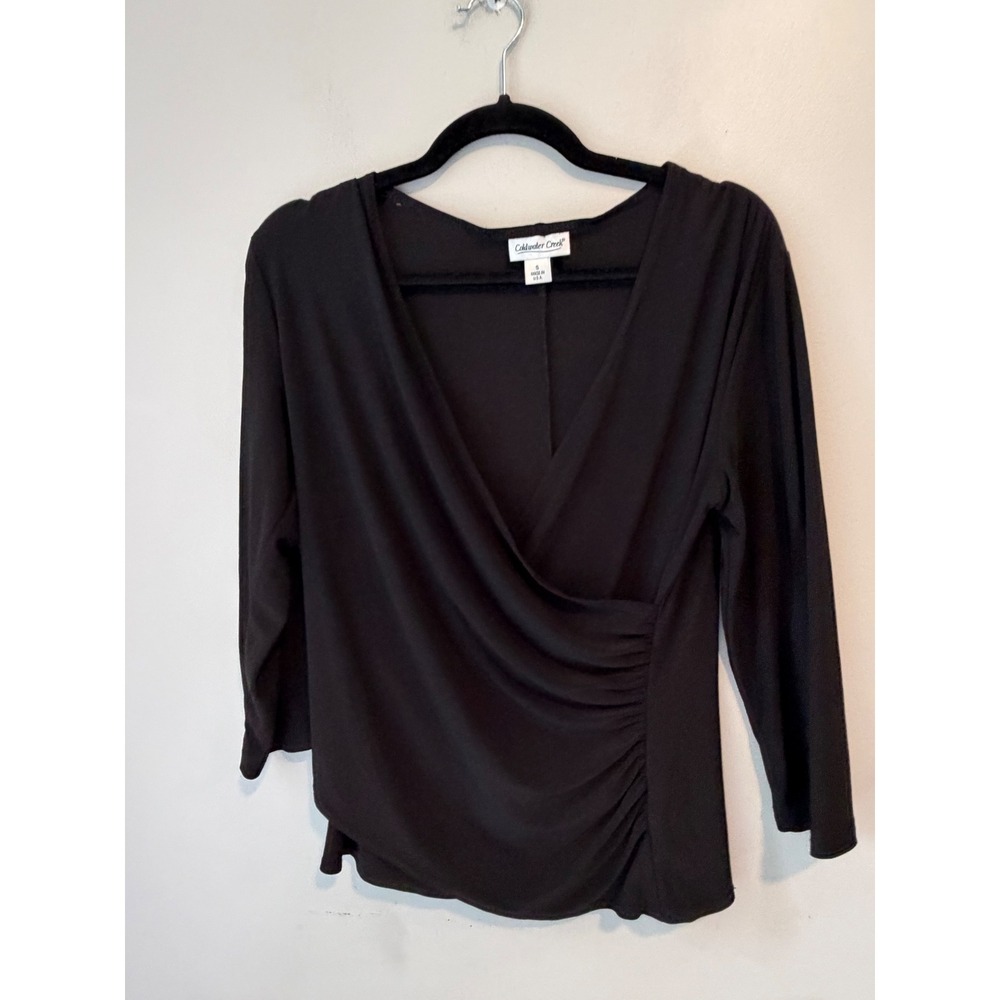 Coldwater Creek Womens Black Faux Wrap Surplice Ruched Top 3/4 Sleeve Small